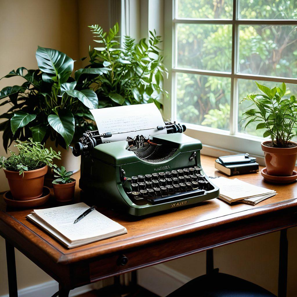 A serene writing desk with an elegant vintage typewriter, surrounded by lush plants, open notebooks filled with vibrant, handwritten notes, and a steaming cup of tea. In the background, soft sunlight filters through a window, creating a warm and inviting atmosphere. Symbols of creativity like feathers and ink bottles decorate the scene, suggesting inspiration flows freely. super-realistic. vibrant colors. warm tones.