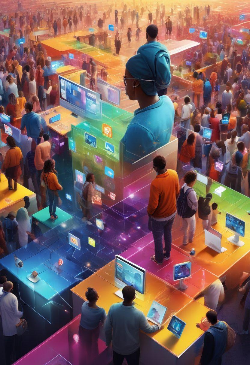 A vibrant illustration of a diverse group of people collaboratively navigating a digital landscape filled with blogs and social media icons. Each person is actively engaging with their devices, showcasing connection and community development. Colorful pathways symbolize growth and interaction, leading to an elevated platform labeled 'Your Online Presence'. super-realistic. vibrant colors. 3D.