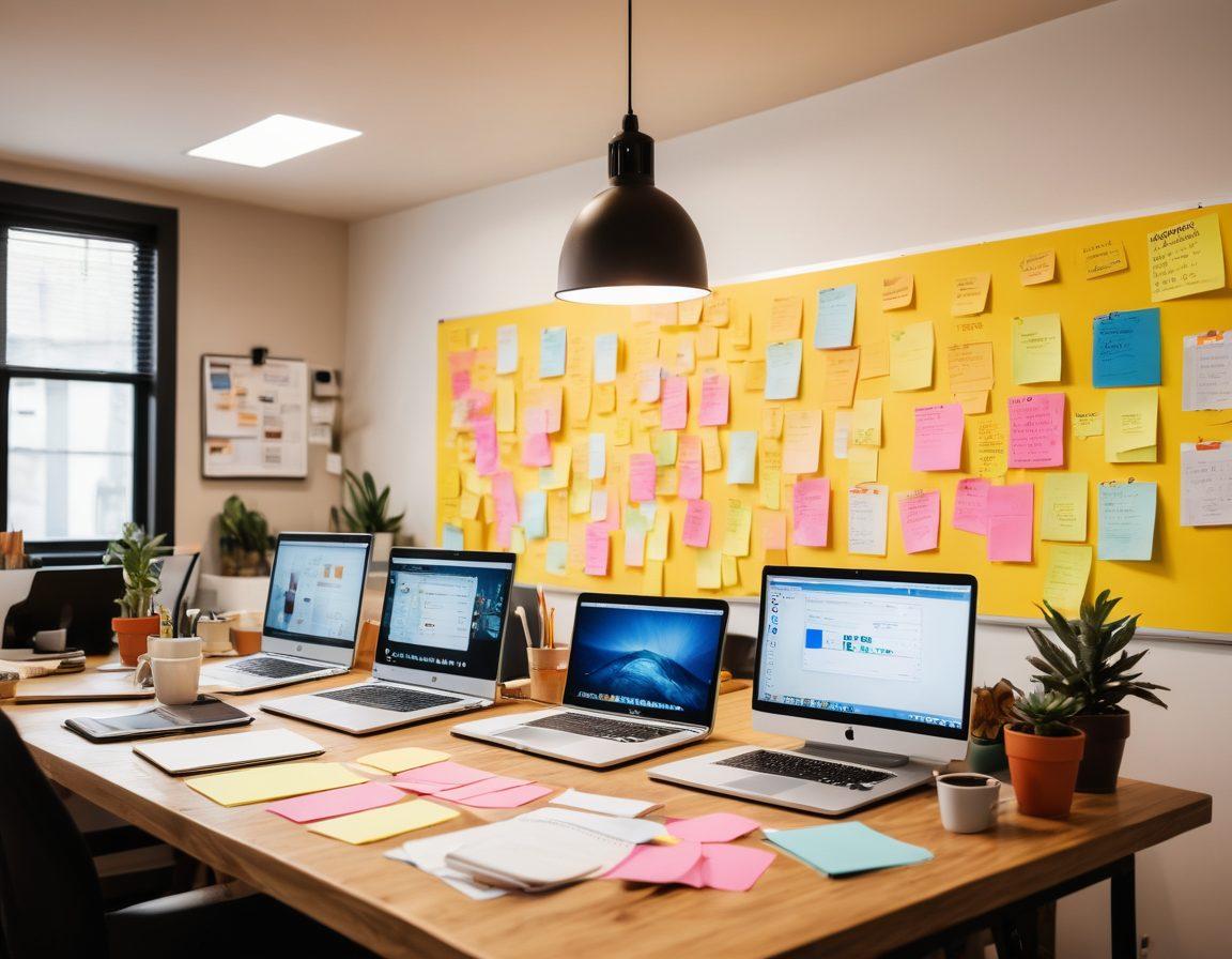A dynamic scene of a diverse group of bloggers at various workstations, brainstorming together over laptops surrounded by notes and coffee cups. Elements like colorful sticky notes, a whiteboard filled with ideas, and a glowing laptop screen showcasing social media icons should be present. The atmosphere exudes creativity and collaboration, symbolizing growth and mastery in blogging. Bright and inviting colors enhance the inspirational vibe. super-realistic. vibrant colors. cozy workspace.